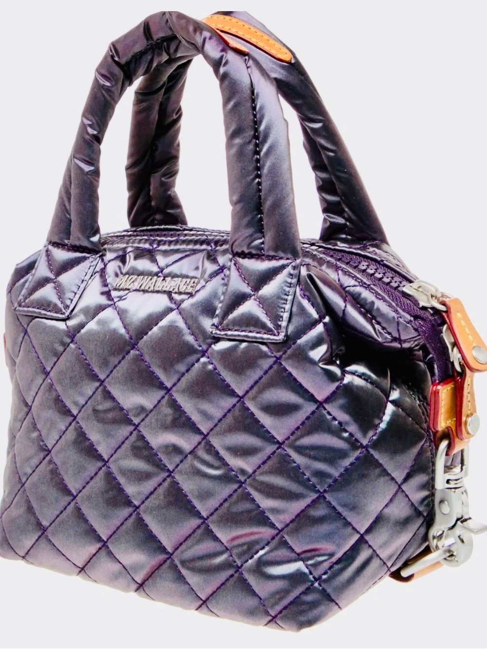 MZ Wallace Quilted Metallic Plum Satchel with Tan Accents